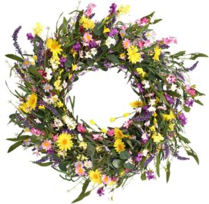 1 (1) J'FLORU Spring Wreath 24 Inch Summer Wreaths for Front Door Artificial Flower Wreath with Daisy and Lavender for Indoor Outdoor and Easter Celebration