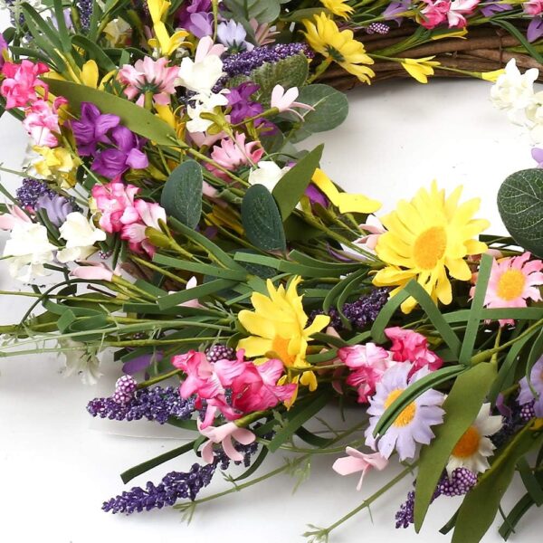 1 (2) J'FLORU Spring Wreath 24 Inch Summer Wreaths for Front Door Artificial Flower Wreath with Daisy and Lavender for Indoor Outdoor and Easter Celebration
