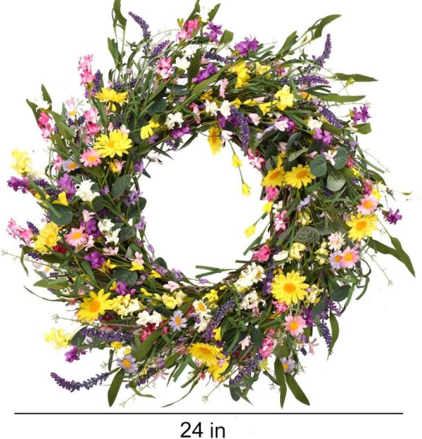 1 (3) J'FLORU Spring Wreath 24 Inch Summer Wreaths for Front Door Artificial Flower Wreath with Daisy and Lavender for Indoor Outdoor and Easter Celebration