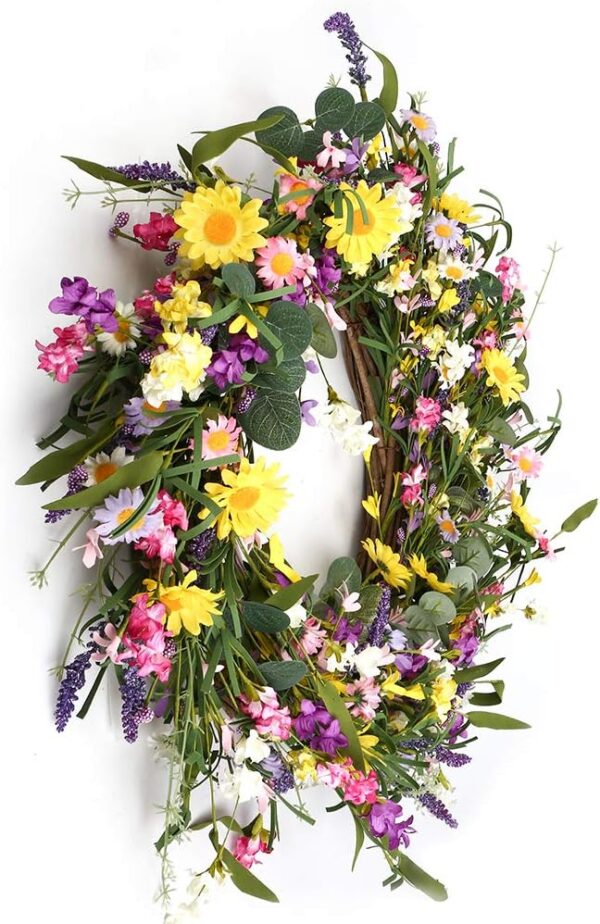 1 (4) J'FLORU Spring Wreath 24 Inch Summer Wreaths for Front Door Artificial Flower Wreath with Daisy and Lavender for Indoor Outdoor and Easter Celebration