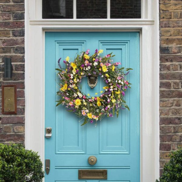 1 (5) J'FLORU Spring Wreath 24 Inch Summer Wreaths for Front Door Artificial Flower Wreath with Daisy and Lavender for Indoor Outdoor and Easter Celebration