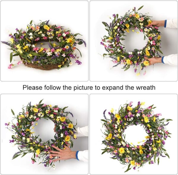 1 (6) J'FLORU Spring Wreath 24 Inch Summer Wreaths for Front Door Artificial Flower Wreath with Daisy and Lavender for Indoor Outdoor and Easter Celebration