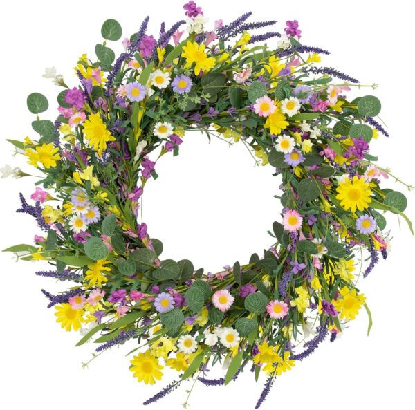 1 J'FLORU Spring Wreaths for Front Door 22 Inch Artificial Summer Wreath Daisy and Lavender Wreath with Wildflowers for Home Wall Farmhouse Springtime Easter Holiday Party