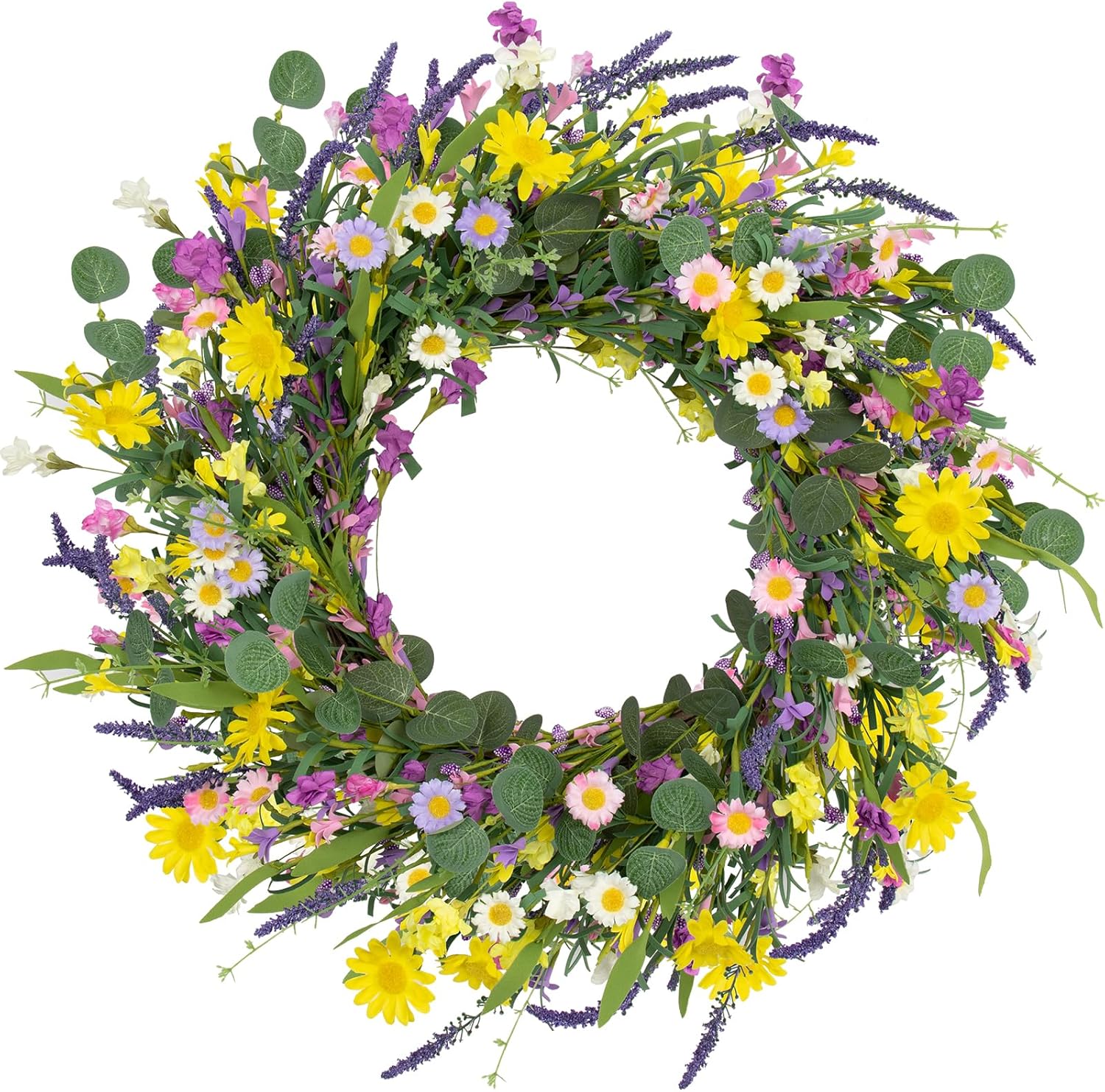 1 J'FLORU Spring Wreaths for Front Door 22 Inch Artificial Summer Wreath Daisy and Lavender Wreath with Wildflowers for Home Wall Farmhouse Springtime Easter Holiday Party
