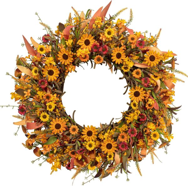 10 (1) J'FLORU Artificial Fall Wreath 22 Inch Fall Wreaths for Front Door Autumn Porch Farmhouse Thanksgiving Day Harvest Festival Handmade with Colorful Autumn Flowers Foliage for Porch Farmhouse Thanksgiving Harvest Festival