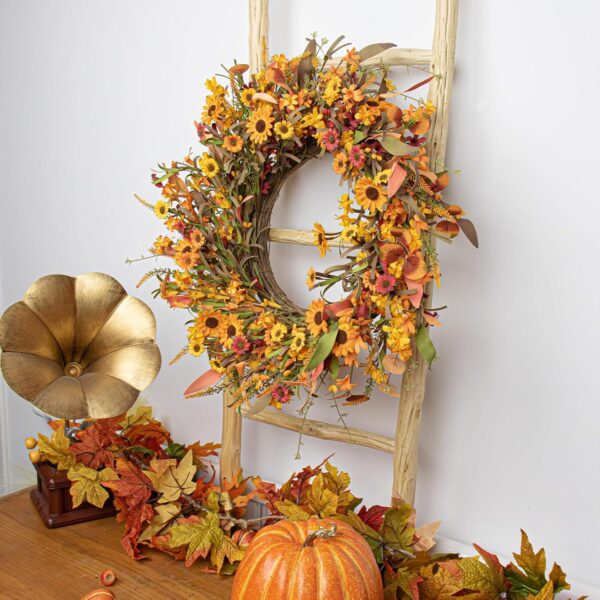 10 (5) J'FLORU Artificial Fall Wreath 22 Inch Fall Wreaths for Front Door Autumn Porch Farmhouse Thanksgiving Day Harvest Festival Handmade with Colorful Autumn Flowers Foliage for Porch Farmhouse Thanksgiving Harvest Festival