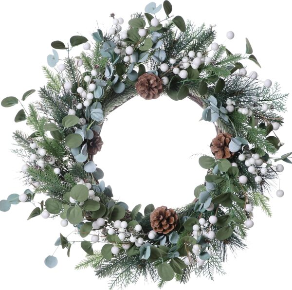 11 (1) J'FLORU Christmas Wreaths for Front Door 20 Inch Artificial Christmas Wreath White Winter Wreath with Berries Pine Cones Pine Needles for Xmas Winter Holidays