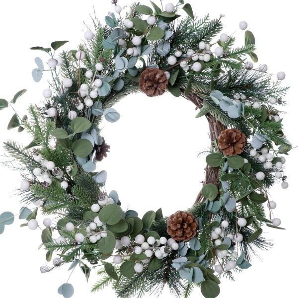 11 (6) J'FLORU Christmas Wreaths for Front Door 20 Inch Artificial Christmas Wreath White Winter Wreath with Berries Pine Cones Pine Needles for Xmas Winter Holidays