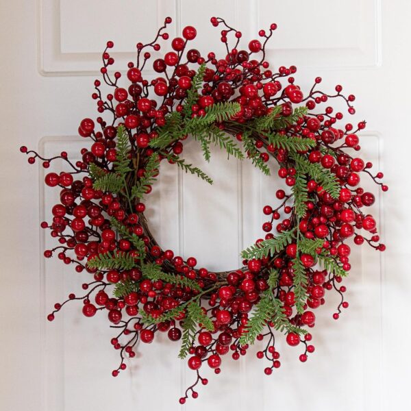 12 (2) J'FLORU Artificial Christmas Wreath 20 Inch Chirstmas Wreaths for Front Door Red Berry Wreath with Pine Needles for Porch Fireplace Xmas Winter Holidays