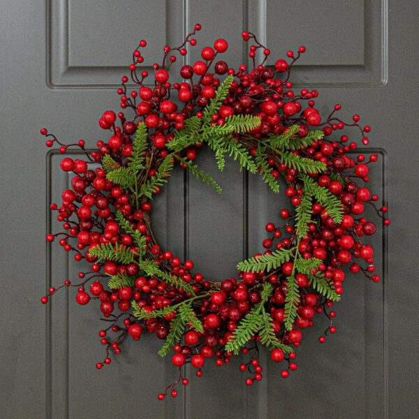 12 (4) J'FLORU Artificial Christmas Wreath 20 Inch Chirstmas Wreaths for Front Door Red Berry Wreath with Pine Needles for Porch Fireplace Xmas Winter Holidays