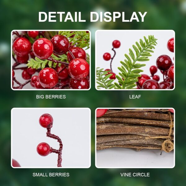 12 (5) J'FLORU Artificial Christmas Wreath 20 Inch Chirstmas Wreaths for Front Door Red Berry Wreath with Pine Needles for Porch Fireplace Xmas Winter Holidays