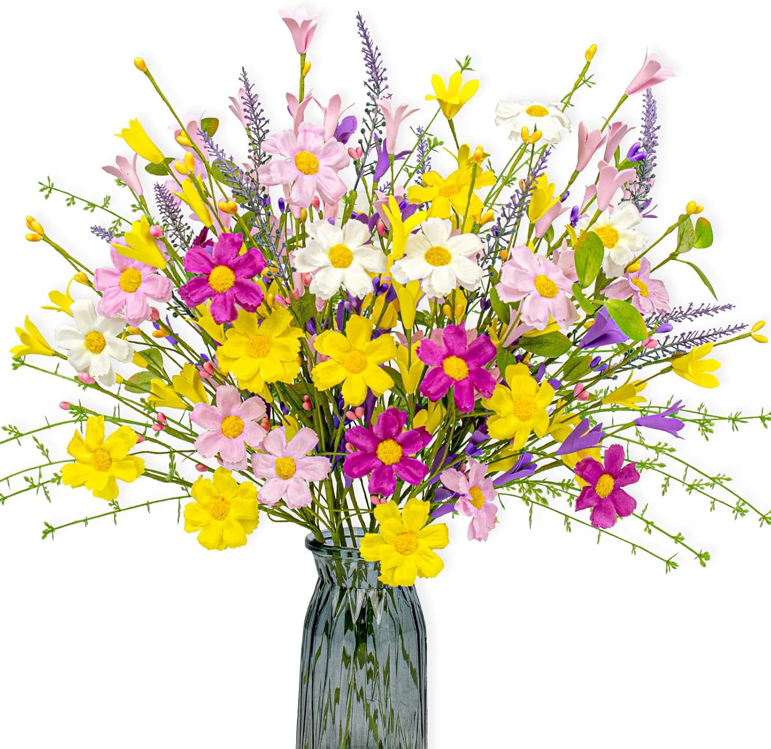 19 (1) J'FLORU Artificial Spring Flowers 18 Pack Spring Floral Picks 17 Inch Flower Stems with Colorful Daisies and Forsythia for Spring Summer Easter Flower Arrangements Centerpieces