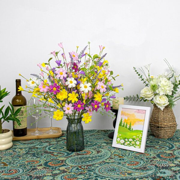 19 (4) J'FLORU Artificial Spring Flowers 18 Pack Spring Floral Picks 17 Inch Flower Stems with Colorful Daisies and Forsythia for Spring Summer Easter Flower Arrangements Centerpieces