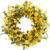 2 (1) J'FLORU Artificial Spring Wreath 22 Inch Summer Wreaths for Front Door Yellow Daisy Wreath for Indoor Outdoor Home Decor and Easter Celebration