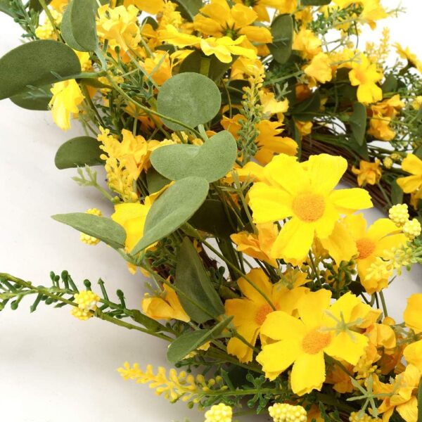2 (2) J'FLORU Artificial Spring Wreath 22 Inch Summer Wreaths for Front Door Yellow Daisy Wreath for Indoor Outdoor Home Decor and Easter Celebration