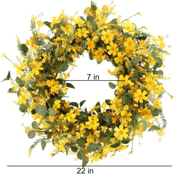 2 (3) J'FLORU Artificial Spring Wreath 22 Inch Summer Wreaths for Front Door Yellow Daisy Wreath for Indoor Outdoor Home Decor and Easter Celebration