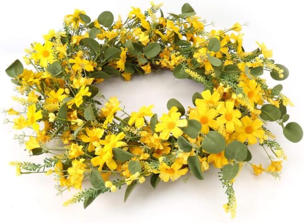 2 (4) J'FLORU Artificial Spring Wreath 22 Inch Summer Wreaths for Front Door Yellow Daisy Wreath for Indoor Outdoor Home Decor and Easter Celebration