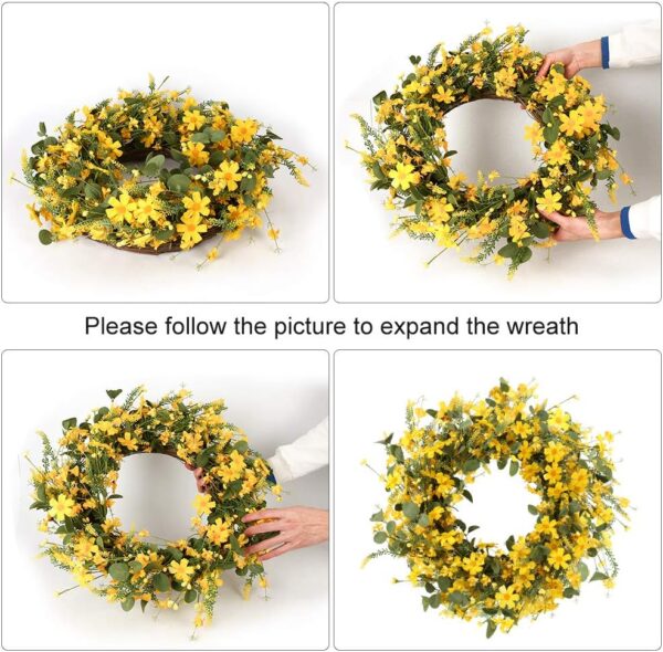 2 (6) J'FLORU Artificial Spring Wreath 22 Inch Summer Wreaths for Front Door Yellow Daisy Wreath for Indoor Outdoor Home Decor and Easter Celebration