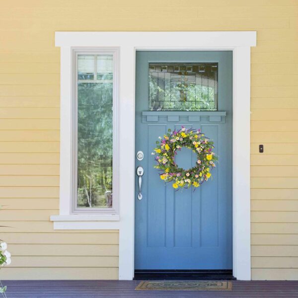 2 J'FLORU Spring Wreaths for Front Door 22 Inch Artificial Summer Wreath Daisy and Lavender Wreath with Wildflowers for Home Wall Farmhouse Springtime Easter Holiday Party