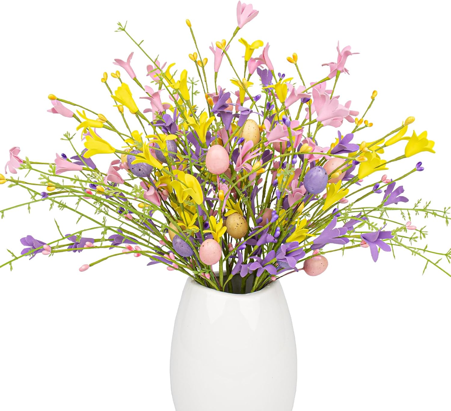 20 (1) J'FLORU Easter Flower Decorations 12 Pack Easter Egg Picks Artificial Forsythia Flowers with Eggs for Floral Arrangements Table Centerpieces