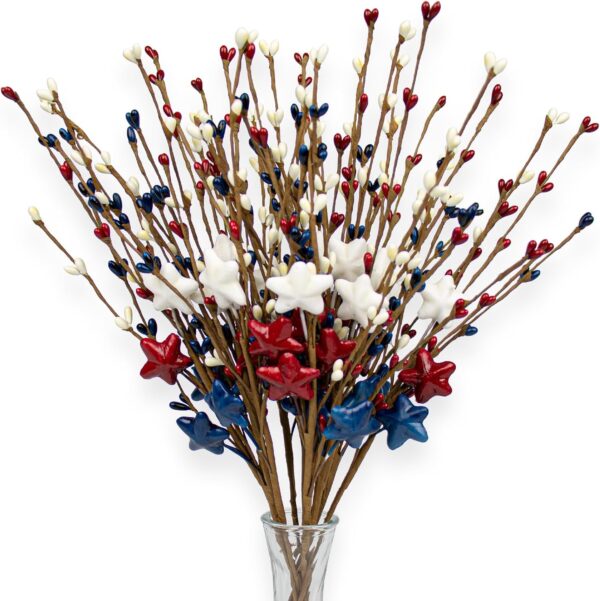 J'FLORU 12 PCS Patriotic Floral Picks 17 Inch Artificial Berry Stems Red White Blue Star Stem for Memorial Day 4th of July Independence Day Decor