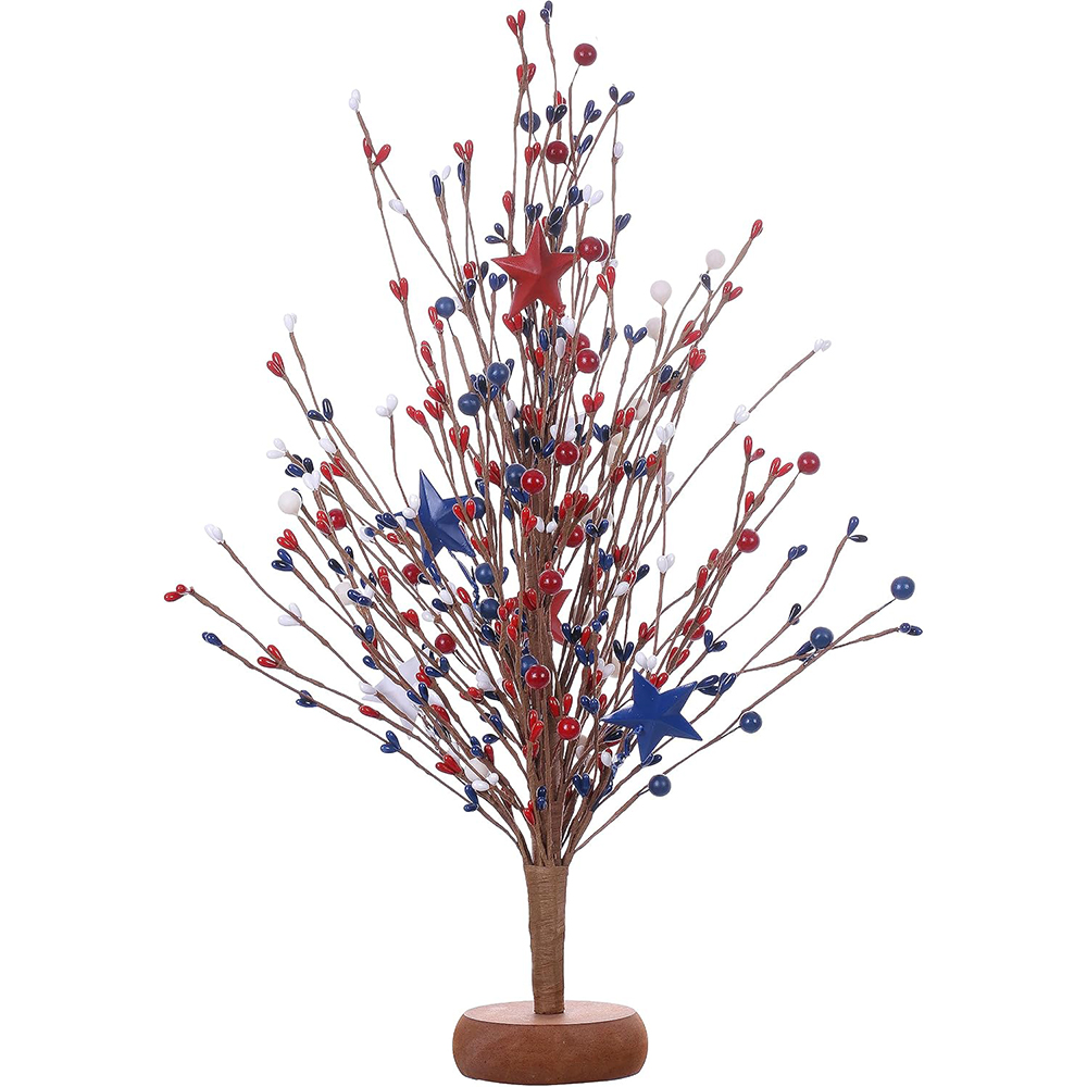 24 J’FLORU 4th of July Patriotic Tree,17 Inch Red White Blue Berry Stem Picks with Stars Patriotic Branches Decorations for Independence Day Memorial Day Flag Day Decor