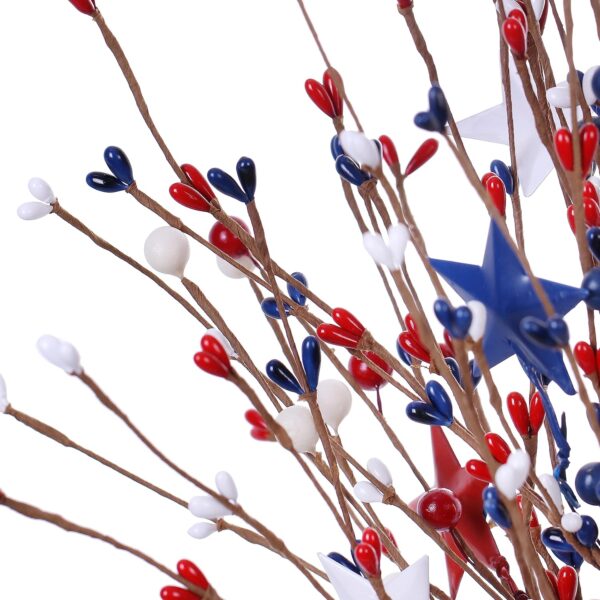 J’FLORU 4th of July Patriotic Tree,17 Inch Red White Blue Berry Stem Picks with Stars Patriotic Branches Decorations for Independence Day Memorial Day Flag Day Decor