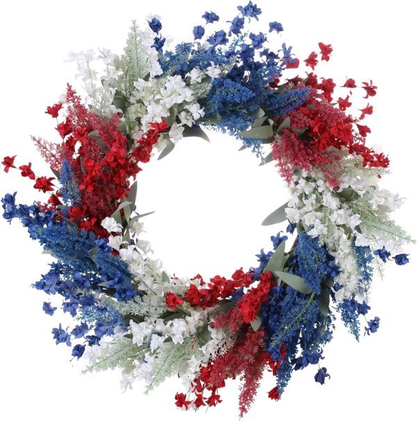 3 (1) J'FLORU Patriotic Wreaths for Front Door 22 Inch,4th of July Wreaths with Red White Blue Flowers Floral Patriotic Wreath July Fourth Decorations for Memorial Day Independence Day Decor