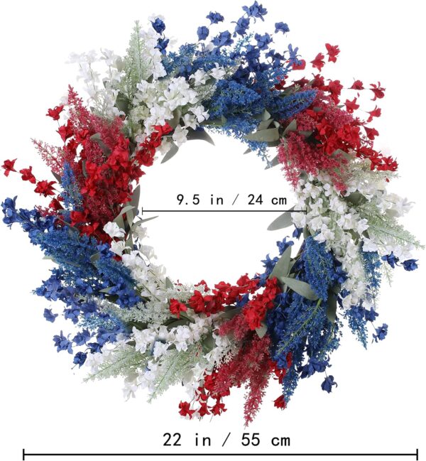 3 (3) J'FLORU Patriotic Wreaths for Front Door 22 Inch,4th of July Wreaths with Red White Blue Flowers Floral Patriotic Wreath July Fourth Decorations for Memorial Day Independence Day Decor