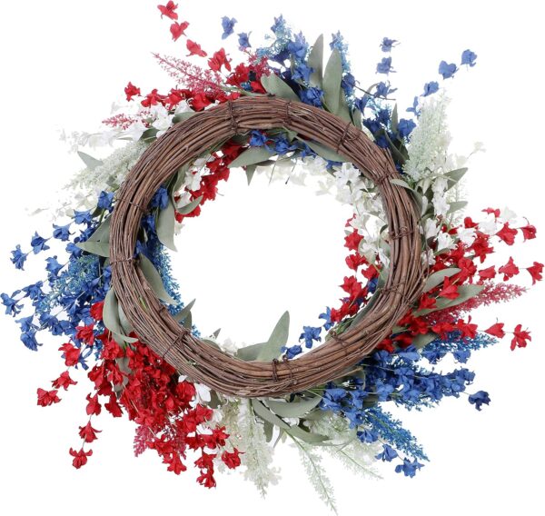3 (6) J'FLORU Patriotic Wreaths for Front Door 22 Inch,4th of July Wreaths with Red White Blue Flowers Floral Patriotic Wreath July Fourth Decorations for Memorial Day Independence Day Decor
