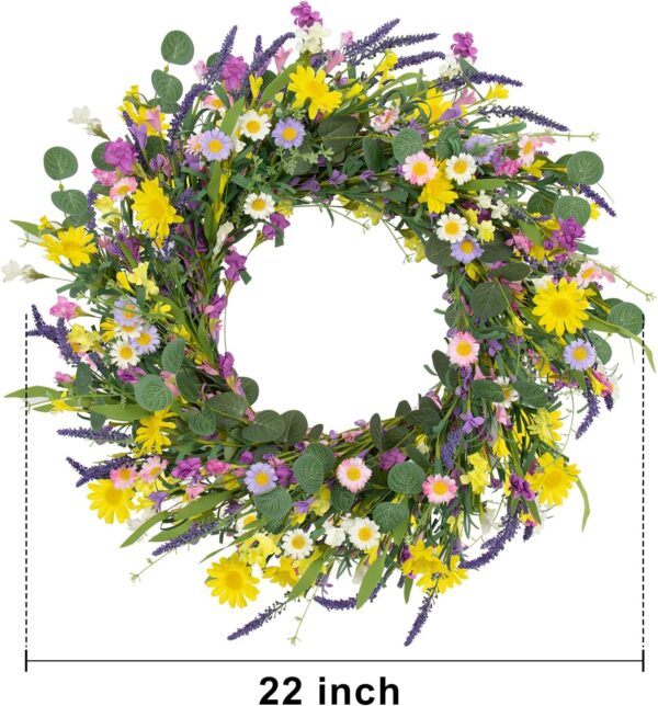 3 J'FLORU Spring Wreaths for Front Door 22 Inch Artificial Summer Wreath Daisy and Lavender Wreath with Wildflowers for Home Wall Farmhouse Springtime Easter Holiday Party