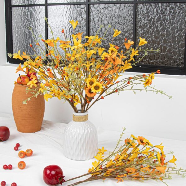 30 (2) J'FLORU Fall Flower Decorations 12 Pack Autumn Floral Picks Artificial Forsythia Flowers with Orange Daisies for Floral Arrangements Harvest Festival Thanksgiving Day Decor