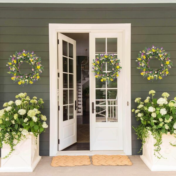 4 J'FLORU Spring Wreaths for Front Door 22 Inch Artificial Summer Wreath Daisy and Lavender Wreath with Wildflowers for Home Wall Farmhouse Springtime Easter Holiday Party
