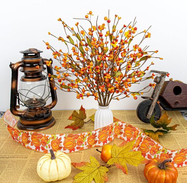 40 (2) J'FLORU Artificial Fall Decorations for Home 12 Pack Fall Floral Picks 17 Inch Orange Berry Stems for Autumn Flower Arrangement Centerpieces Thanksgiving Decor