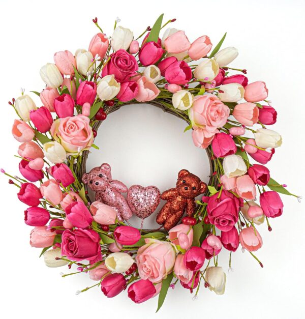 5 (1) J'FLORU Valentines Day Decorations Romantic Valentines Day Gifts 22 Inch Valentine's Day Wreath with Lovely Bear Heart Roses Tulips for Valentine Party Anniversary Candlelight Dinner