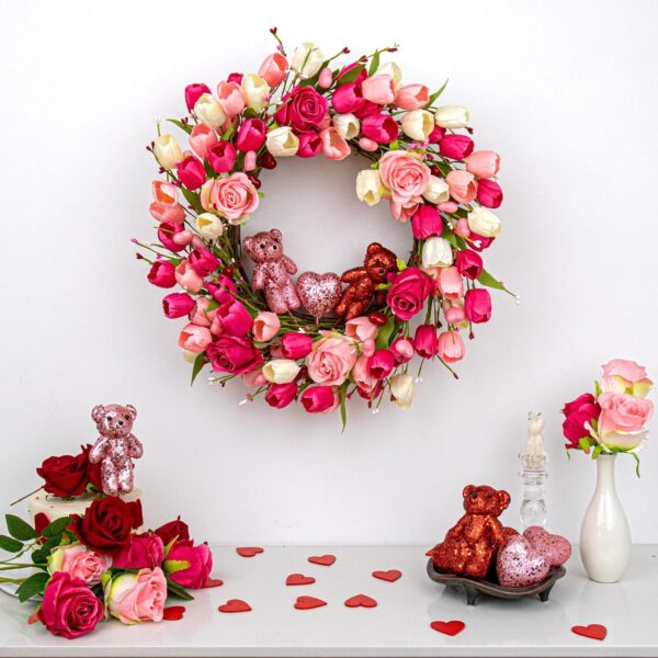 5 (2) J'FLORU Valentines Day Decorations Romantic Valentines Day Gifts 22 Inch Valentine's Day Wreath with Lovely Bear Heart Roses Tulips for Valentine Party Anniversary Candlelight Dinner