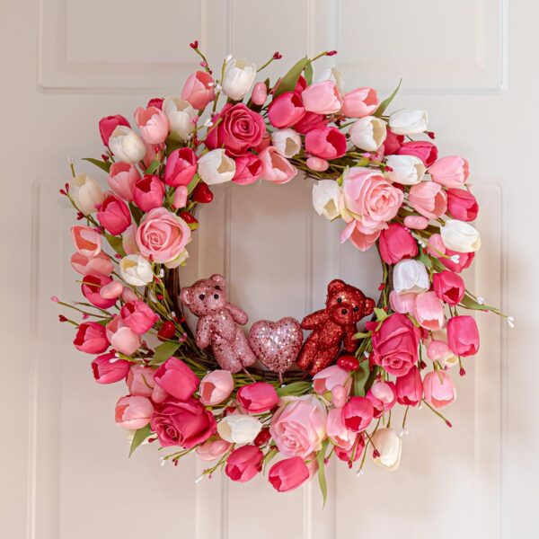 5 (3) J'FLORU Valentines Day Decorations Romantic Valentines Day Gifts 22 Inch Valentine's Day Wreath with Lovely Bear Heart Roses Tulips for Valentine Party Anniversary Candlelight Dinner