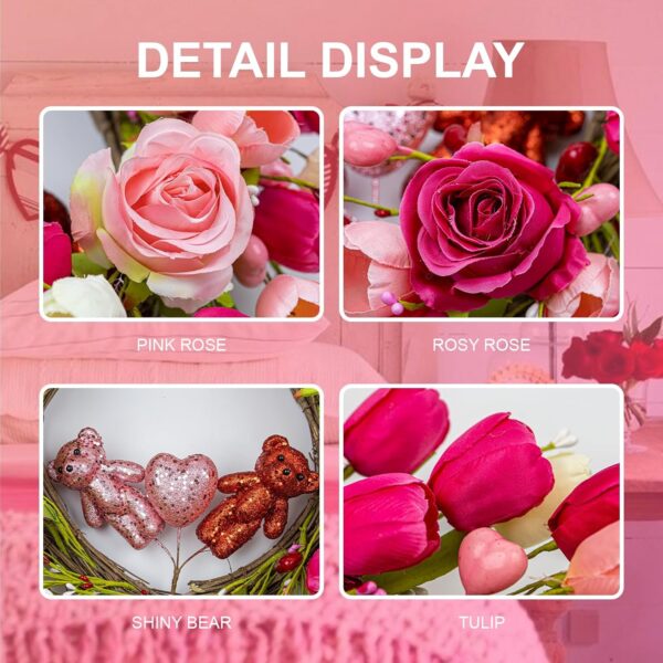 5 (5) J'FLORU Valentines Day Decorations Romantic Valentines Day Gifts 22 Inch Valentine's Day Wreath with Lovely Bear Heart Roses Tulips for Valentine Party Anniversary Candlelight Dinner