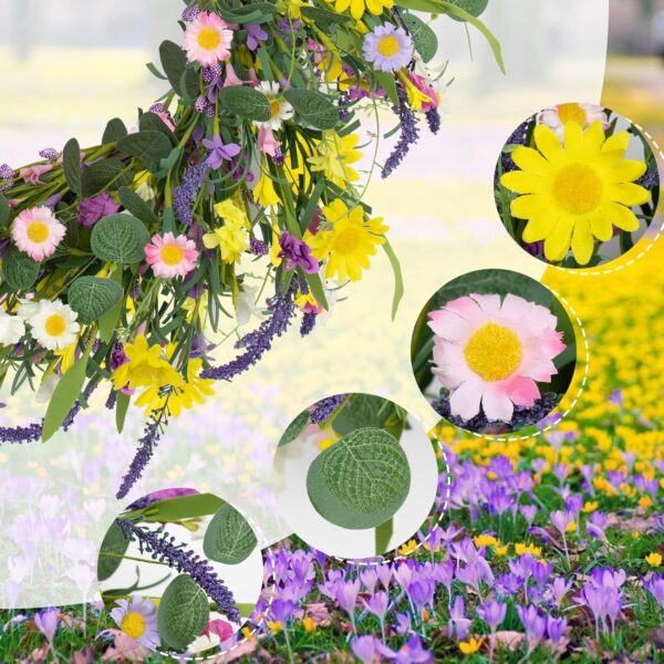 5 J'FLORU Spring Wreaths for Front Door 22 Inch Artificial Summer Wreath Daisy and Lavender Wreath with Wildflowers for Home Wall Farmhouse Springtime Easter Holiday Party