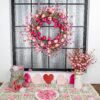 6 (2) J'FLORU 22 Inch Valentines Day Wreath Pink Valentine's Day Wreaths for Front Door Tulip Wreath with Red Hearts and Berries for Valentine Wedding Anniversary Candlelight Dinner