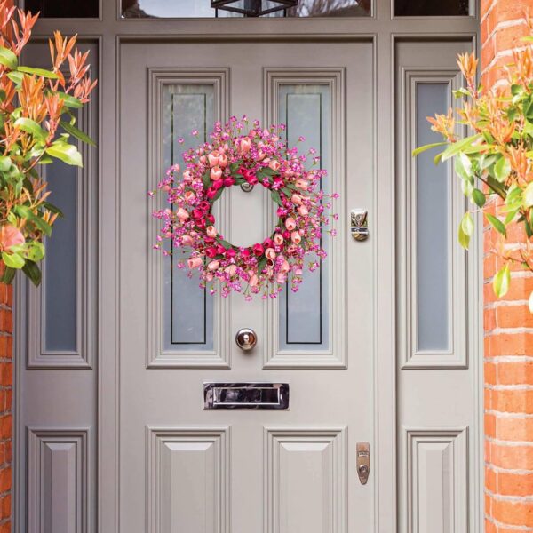 6 (3) J'FLORU 22 Inch Valentines Day Wreath Pink Valentine's Day Wreaths for Front Door Tulip Wreath with Red Hearts and Berries for Valentine Wedding Anniversary Candlelight Dinner