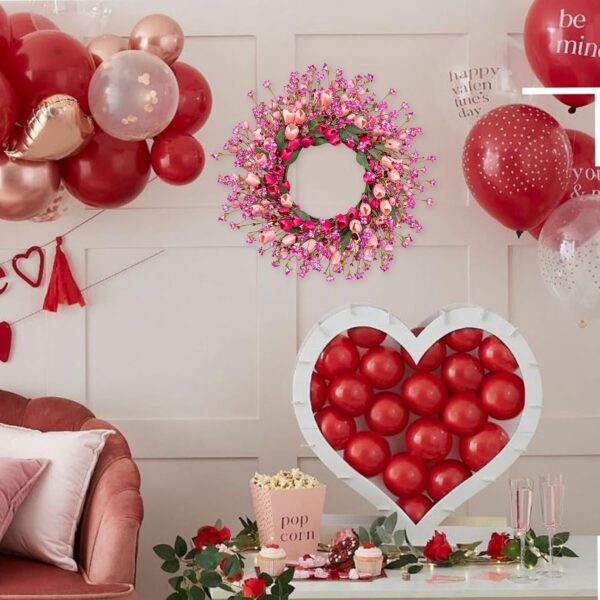 6 (4) J'FLORU 22 Inch Valentines Day Wreath Pink Valentine's Day Wreaths for Front Door Tulip Wreath with Red Hearts and Berries for Valentine Wedding Anniversary Candlelight Dinner