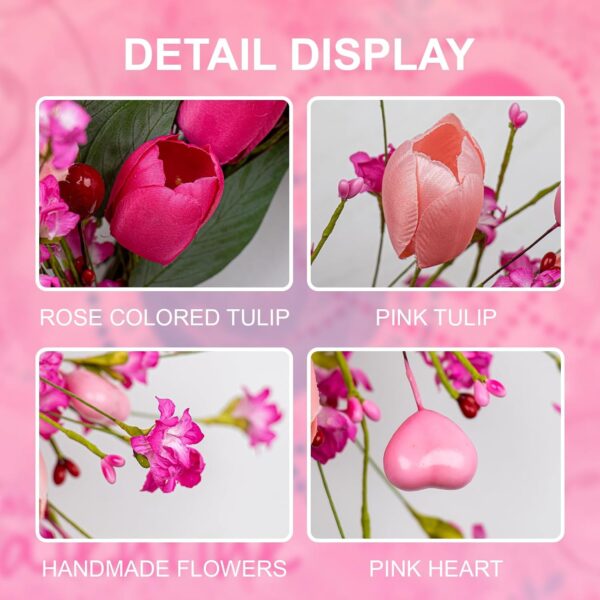 6 (6) J'FLORU 22 Inch Valentines Day Wreath Pink Valentine's Day Wreaths for Front Door Tulip Wreath with Red Hearts and Berries for Valentine Wedding Anniversary Candlelight Dinner