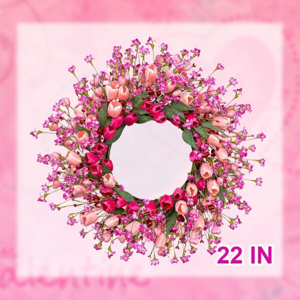 6 (7) J'FLORU 22 Inch Valentines Day Wreath Pink Valentine's Day Wreaths for Front Door Tulip Wreath with Red Hearts and Berries for Valentine Wedding Anniversary Candlelight Dinner