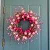 6 (8) J'FLORU 22 Inch Valentines Day Wreath Pink Valentine's Day Wreaths for Front Door Tulip Wreath with Red Hearts and Berries for Valentine Wedding Anniversary Candlelight Dinner