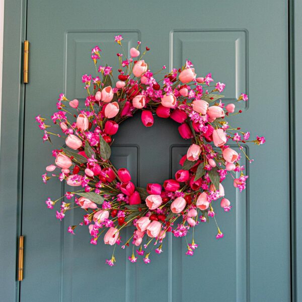 6 (8) J'FLORU 22 Inch Valentines Day Wreath Pink Valentine's Day Wreaths for Front Door Tulip Wreath with Red Hearts and Berries for Valentine Wedding Anniversary Candlelight Dinner