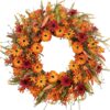 8 (1) J'FLORU Artificial Fall Wreath 22 Inch Autumn Wreaths for Front Door Orange Daisy Wreath with Wildflowers Berries for Indoor Outdoor Wall Farmhouse Thanksgiving Day Harvest Festival Celebration