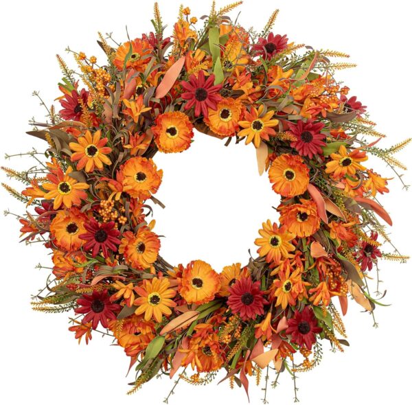 8 (1) J'FLORU Artificial Fall Wreath 22 Inch Autumn Wreaths for Front Door Orange Daisy Wreath with Wildflowers Berries for Indoor Outdoor Wall Farmhouse Thanksgiving Day Harvest Festival Celebration