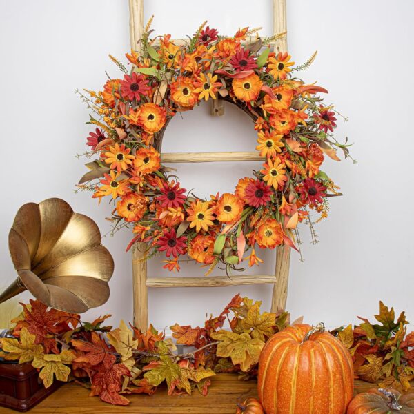 8 (2) J'FLORU Artificial Fall Wreath 22 Inch Autumn Wreaths for Front Door Orange Daisy Wreath with Wildflowers Berries for Indoor Outdoor Wall Farmhouse Thanksgiving Day Harvest Festival Celebration
