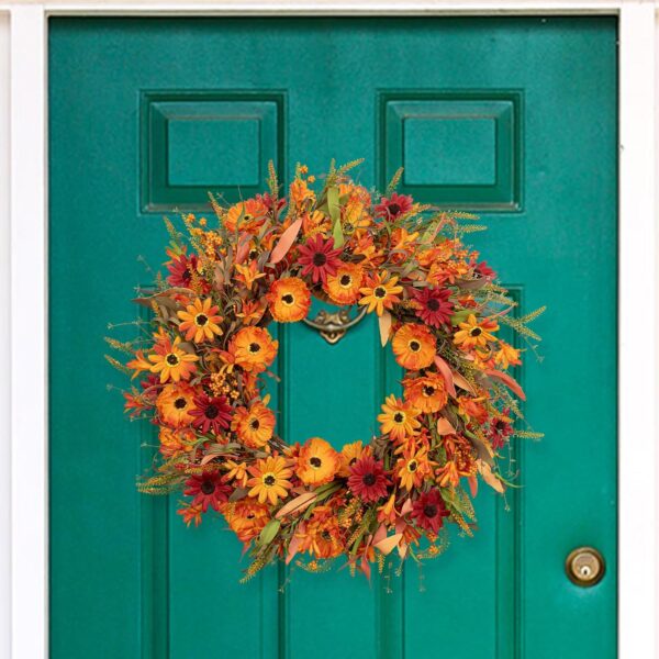 8 (3) J'FLORU Artificial Fall Wreath 22 Inch Autumn Wreaths for Front Door Orange Daisy Wreath with Wildflowers Berries for Indoor Outdoor Wall Farmhouse Thanksgiving Day Harvest Festival Celebration